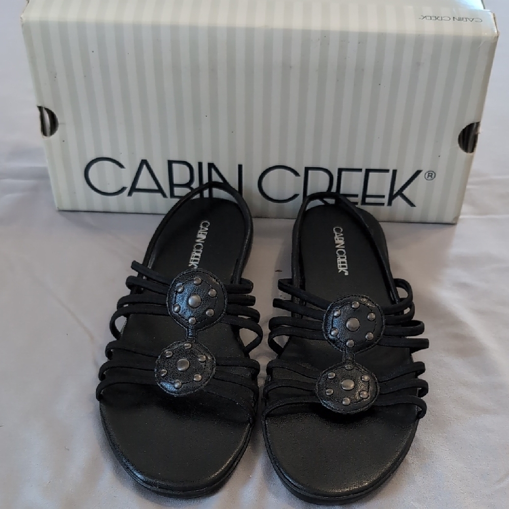 Vintage Women's Size 8 Cabin Creek Black Small Wedge Strappy Sandals